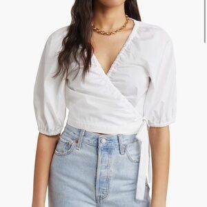 Open Edit Puff Sleeve Cotton Poplin Wrap Blouse
